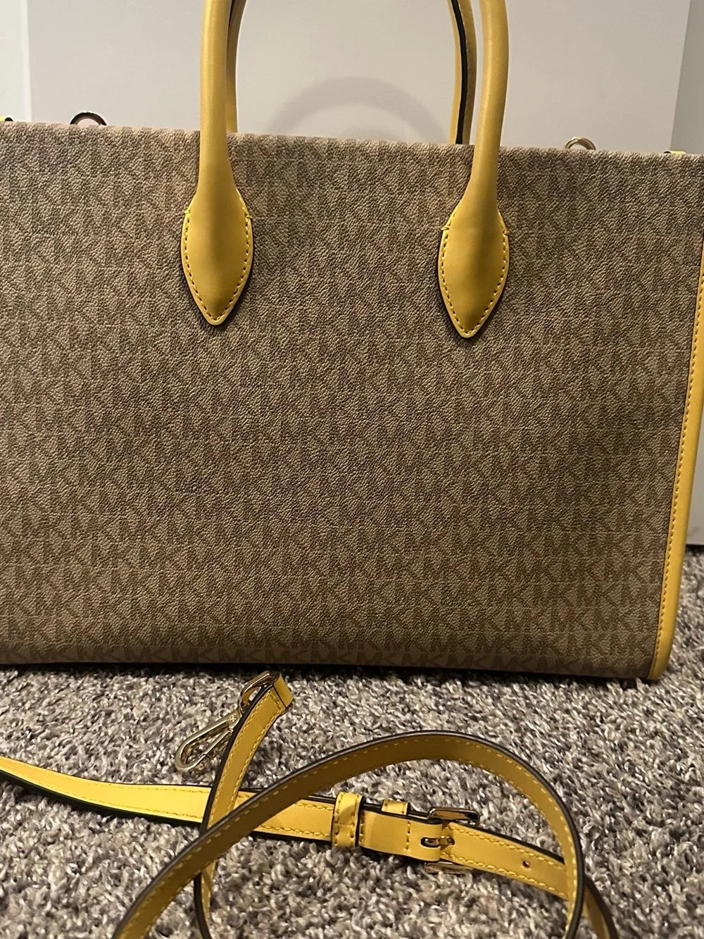 Michael Kors Brown Logo Tote with Yellow Trim
